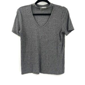 LAVENDER FIELD Choker Neck Top Grey Short Sleeve Stretch Top Ribbed Knit Studs